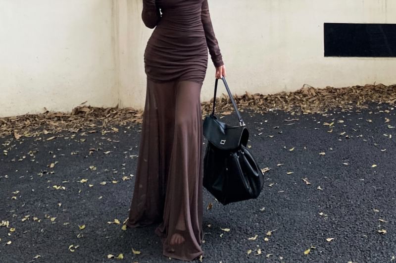 Long-Sleeve Off Shoulder Plain Ruched Maxi Bodycon Dress