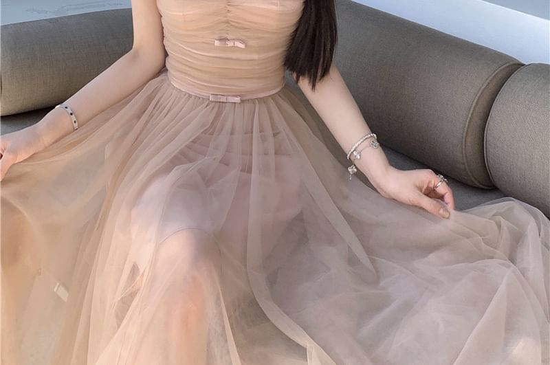 Spaghetti Strap Plain Ruched Maxi A-Line Dress