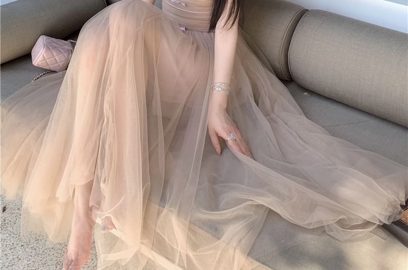 Spaghetti Strap Plain Ruched Maxi A-Line Dress