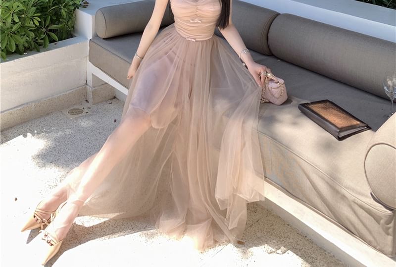 Spaghetti Strap Plain Ruched Maxi A-Line Dress