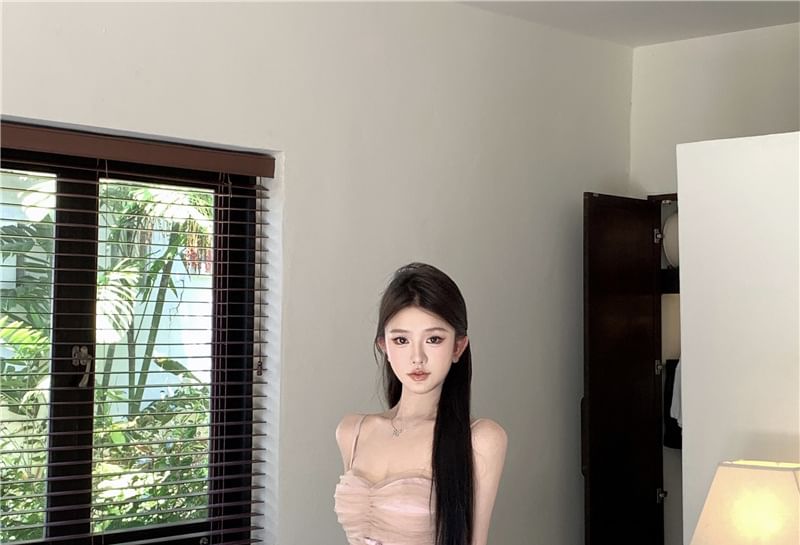 Spaghetti Strap Plain Ruched Maxi A-Line Dress