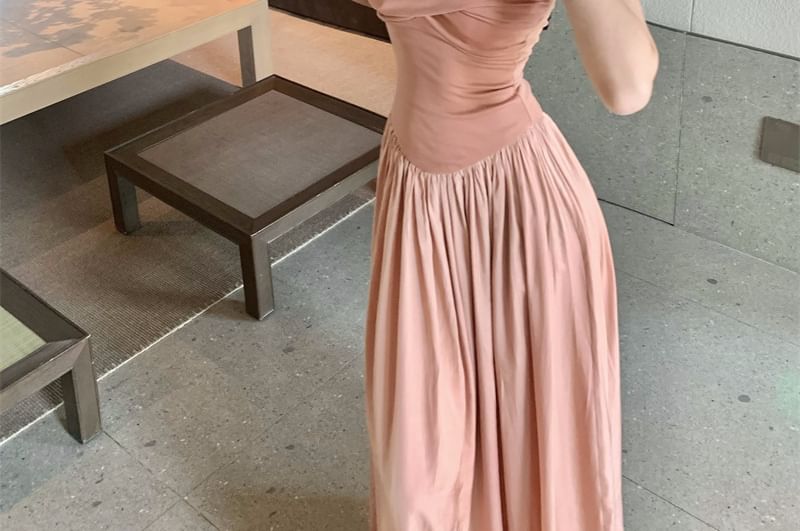 Strapless Plain Twisted Panel Maxi A-Line Dress