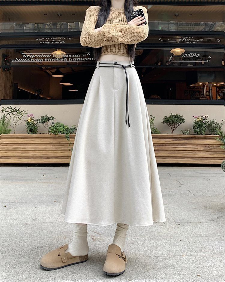 Plain Pleated Midi A-Line Skirt with High Rise