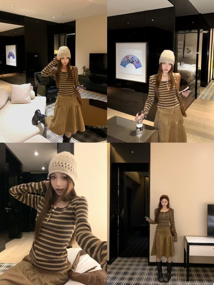 Long-Sleeve Henley Striped Knit Top and Plain A-Line Skirt