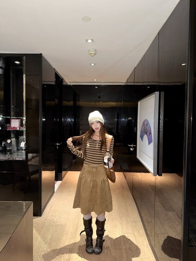 Long-Sleeve Henley Striped Knit Top and Plain A-Line Skirt