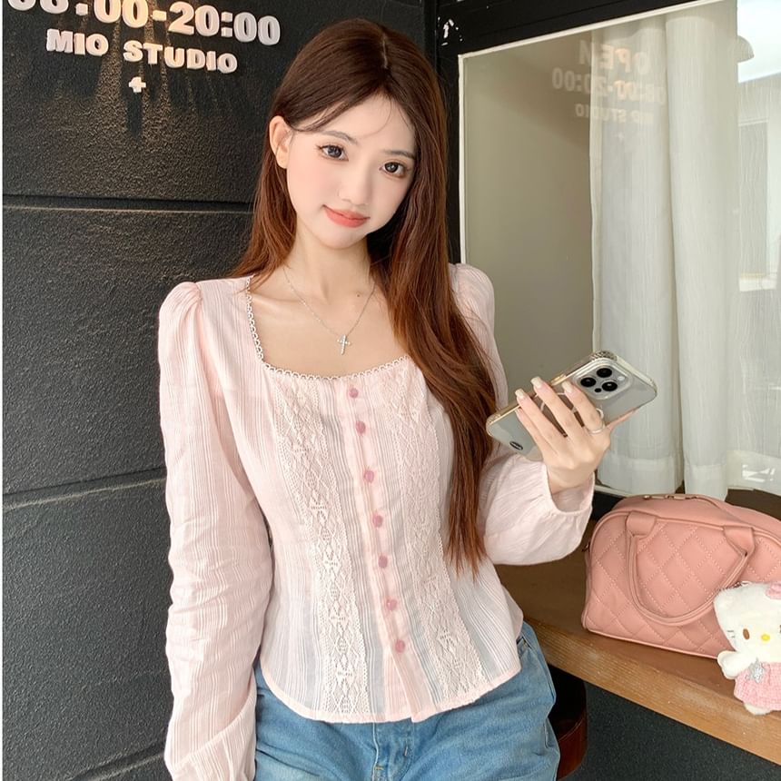 Square Neck Lace Crop Top with Long Sleeves