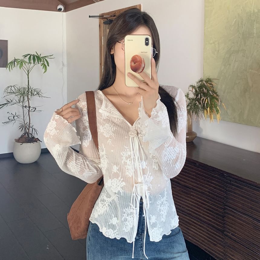 V-Neck Button-Up Knit Crop Top with Long Sleeves