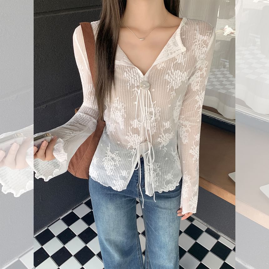 V-Neck Button-Up Knit Crop Top with Long Sleeves