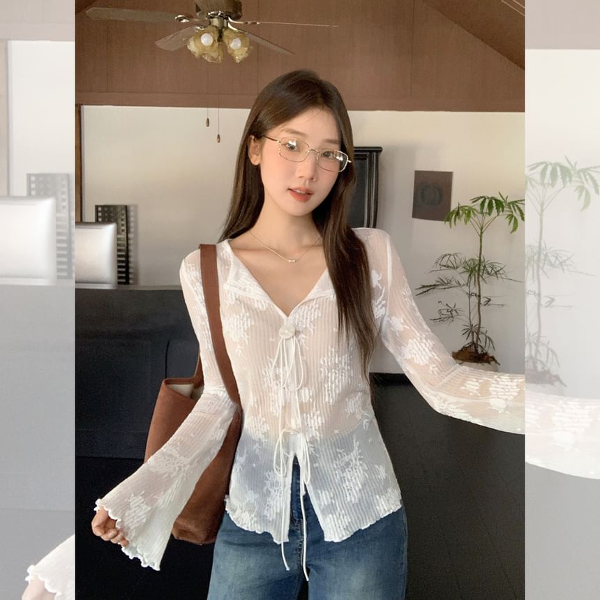 V-Neck Button-Up Knit Crop Top with Long Sleeves