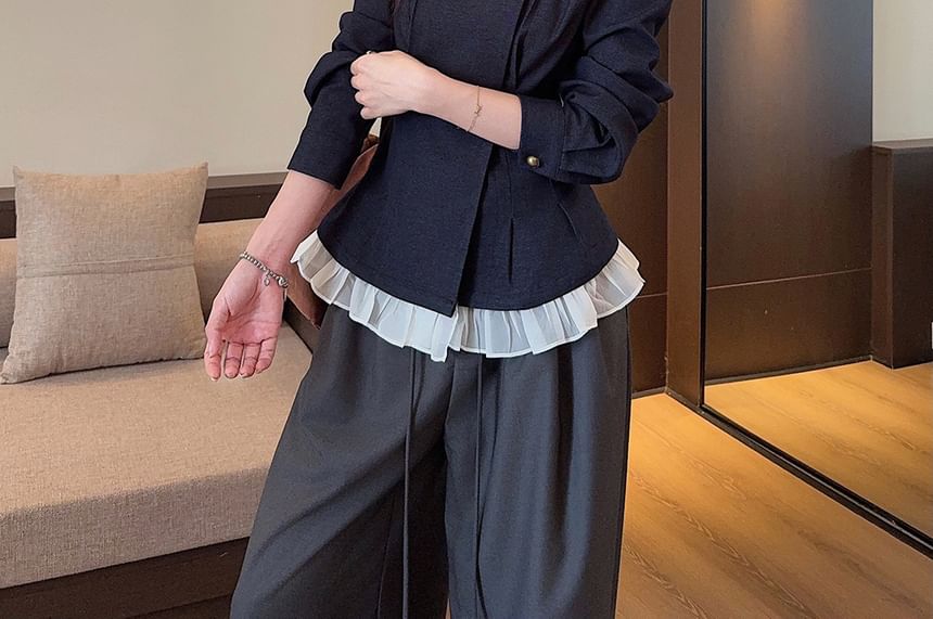 Denim Top with Long Sleeves, Collared Neck, and Frill Trim