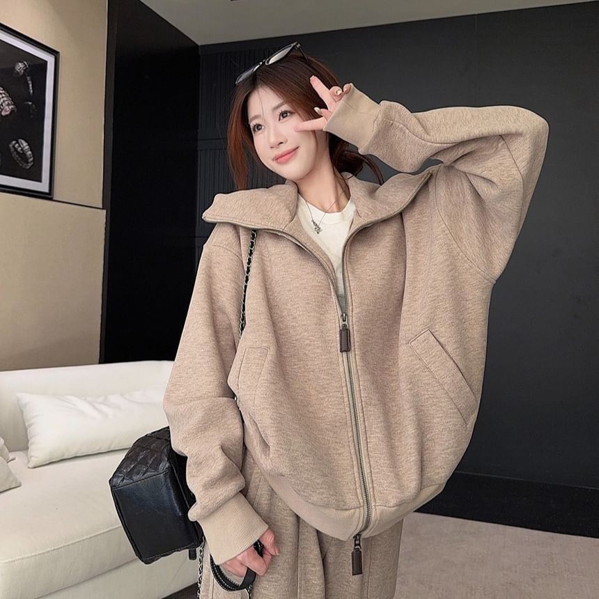 Zip-Up Jacket, Mock Neck Half Zip Cropped Pullover, and High Rise Baggy Pants