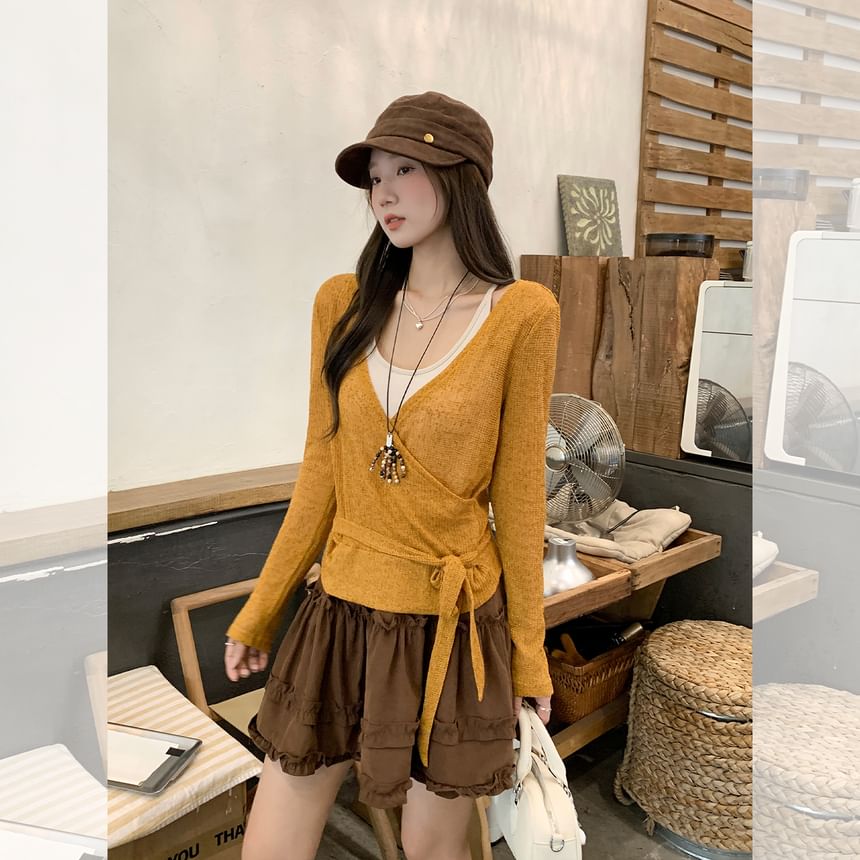 V-Neck Knit Top with Long Sleeves and Two-Tone Design