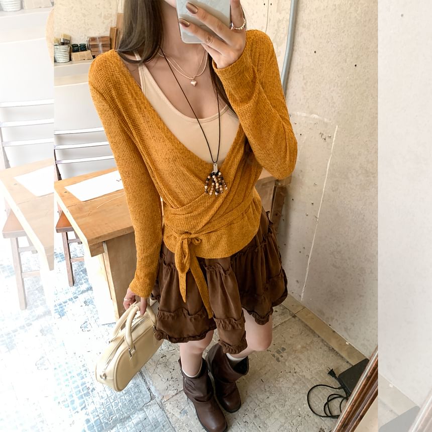 V-Neck Knit Top with Long Sleeves and Two-Tone Design