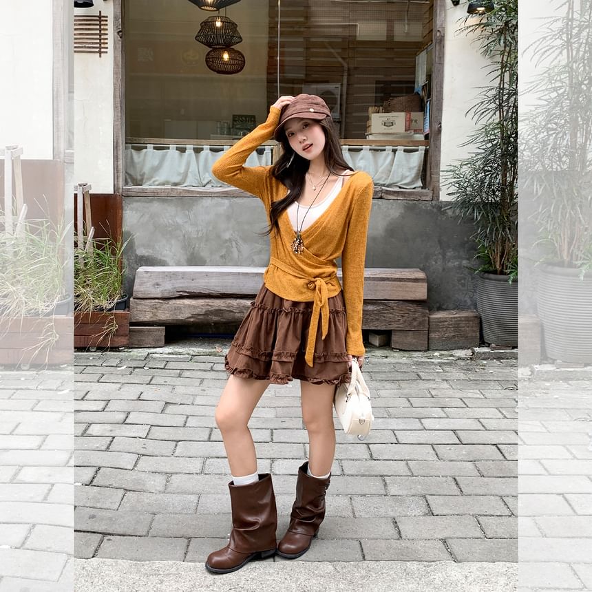 V-Neck Knit Top with Long Sleeves and Two-Tone Design