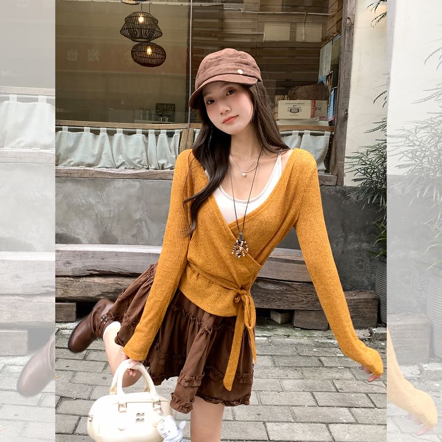 V-Neck Knit Top with Long Sleeves and Two-Tone Design
