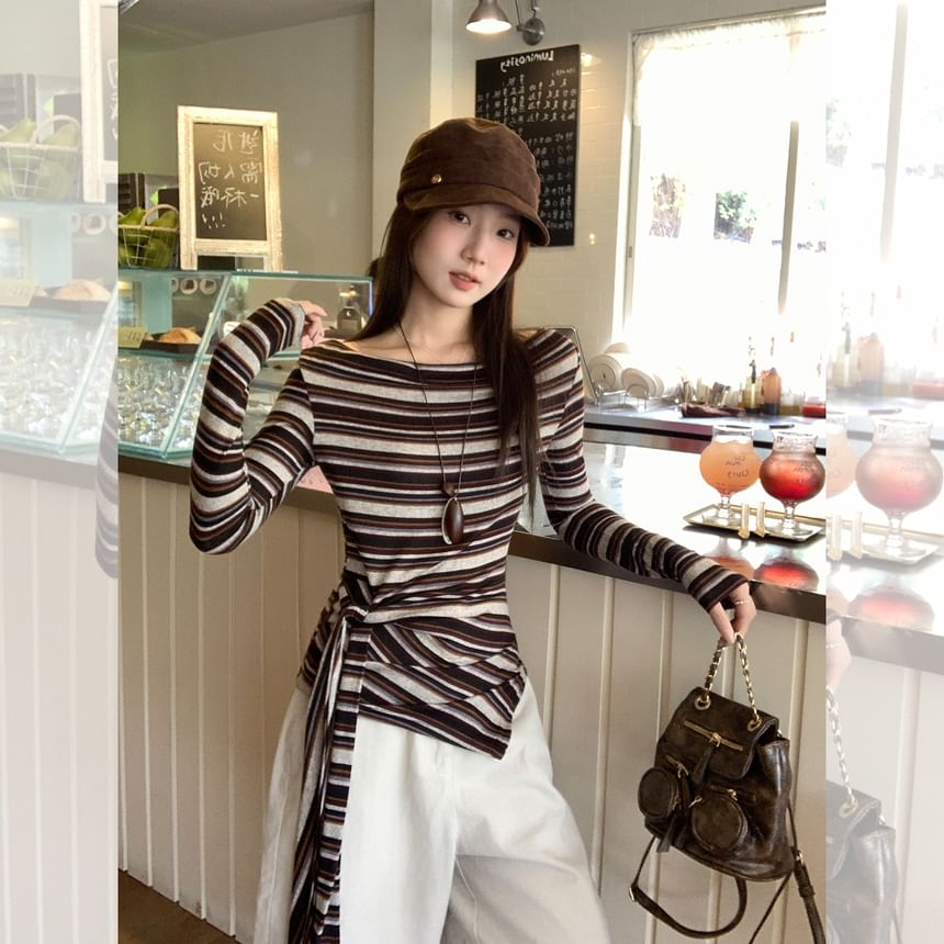 Boatneck Striped Tee with Long Sleeves