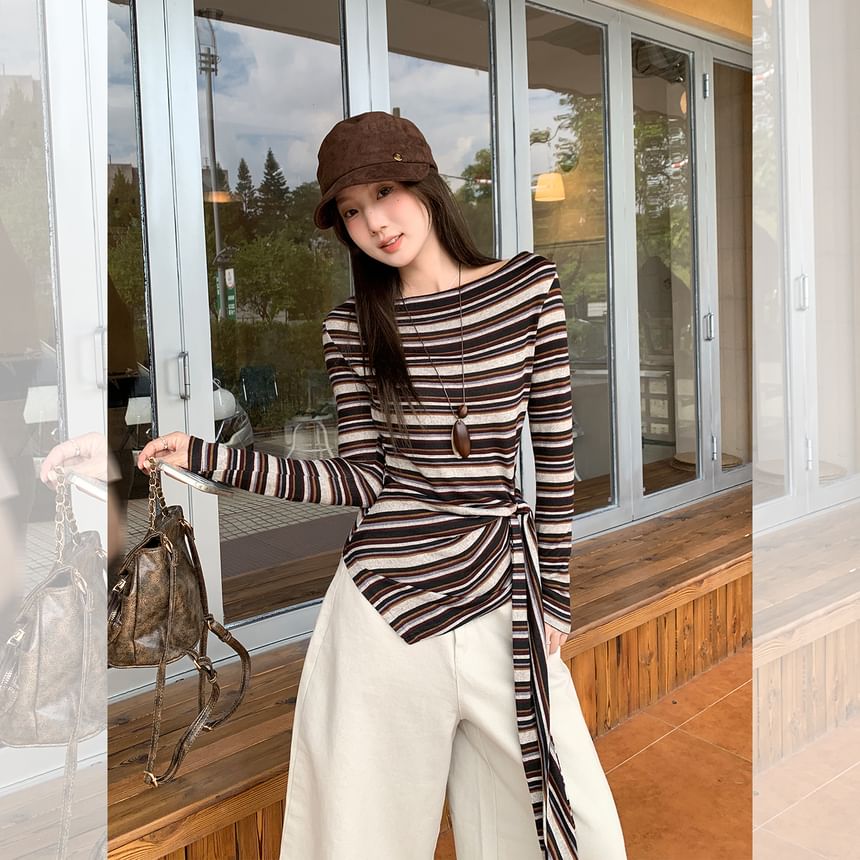 Boatneck Striped Tee with Long Sleeves