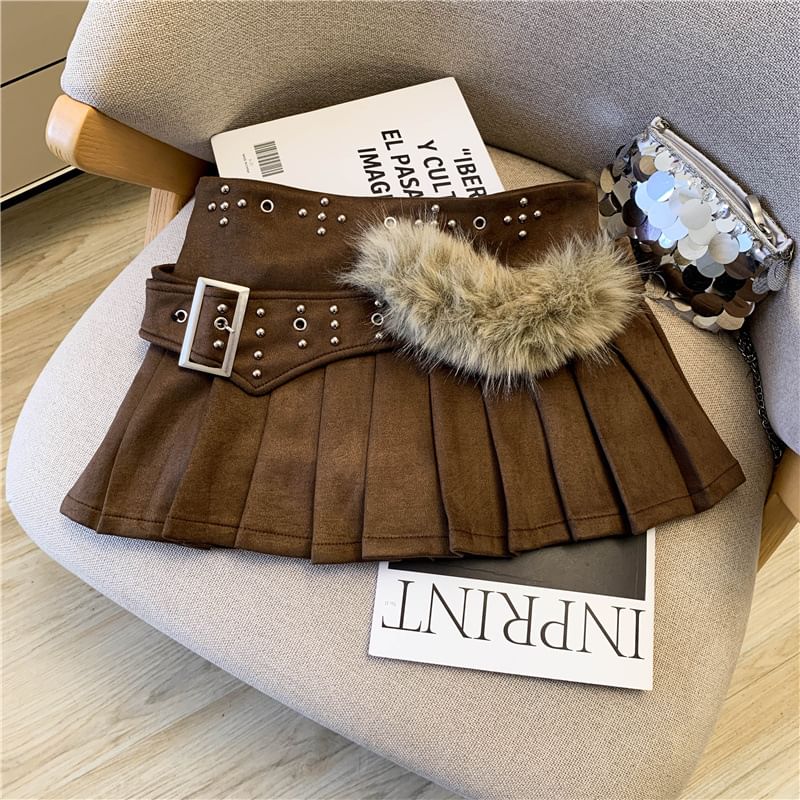 Studded Fleece Panel Belted Pleated Mini A-Line Skirt