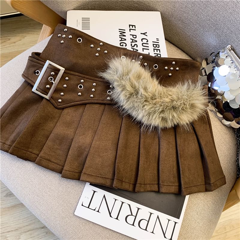 Studded Fleece Panel Belted Pleated Mini A-Line Skirt