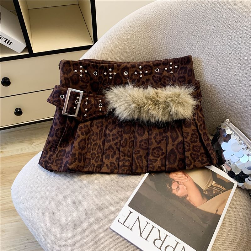 Studded Fleece Panel Belted Pleated Mini A-Line Skirt