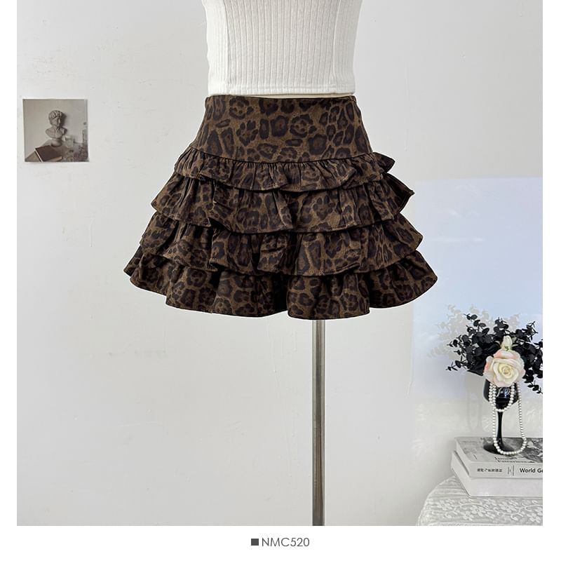 Leopard Print Layered Mini A-Line Skirt High Waist