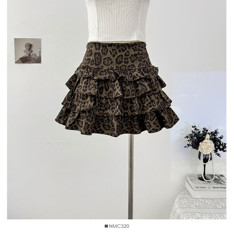 Leopard Print Layered Mini A-Line Skirt High Waist