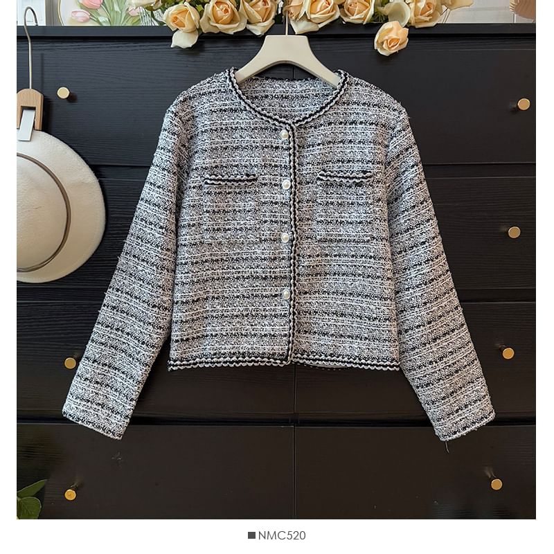 Long Sleeve Round Neck Tweed Jacket