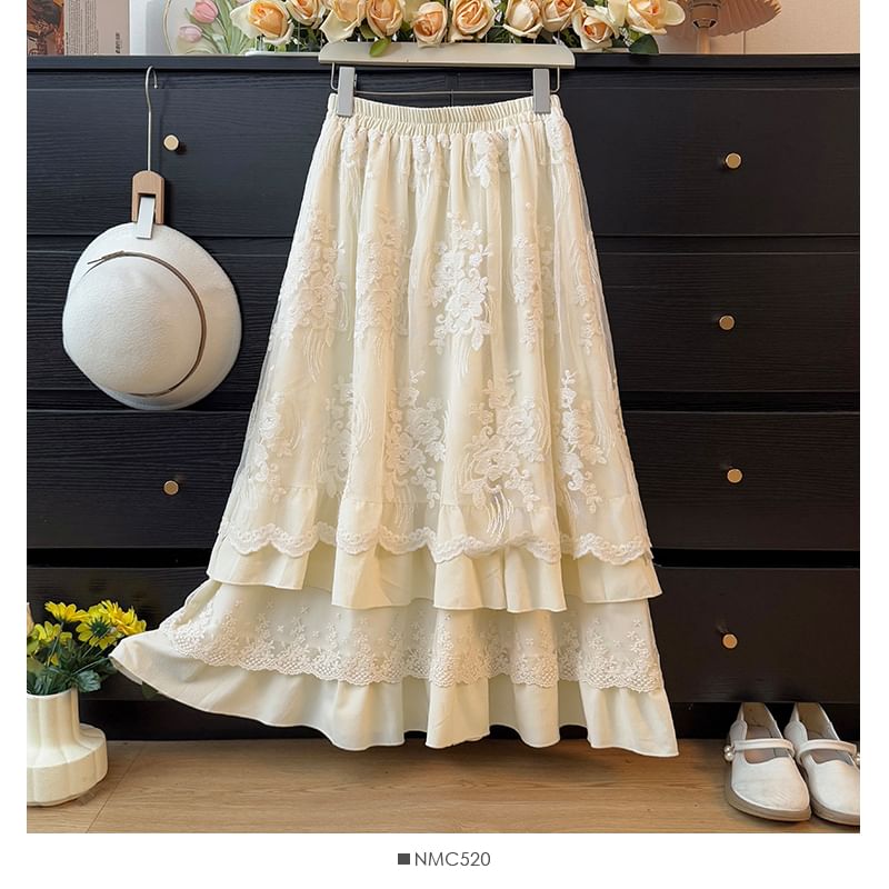 Lace Panel Layered Maxi A-Line Skirt High Waist