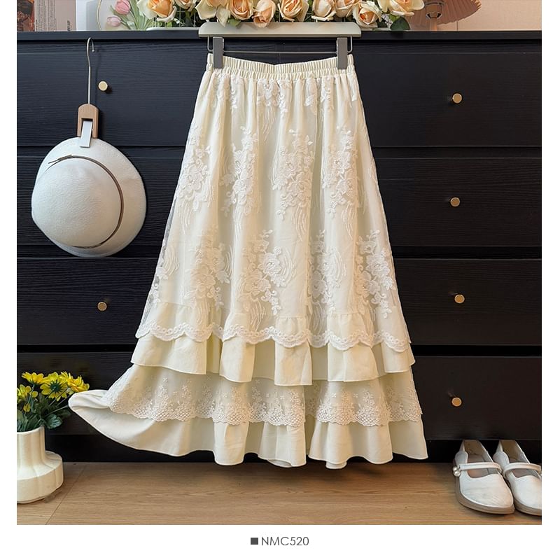 Lace Panel Layered Maxi A-Line Skirt High Waist