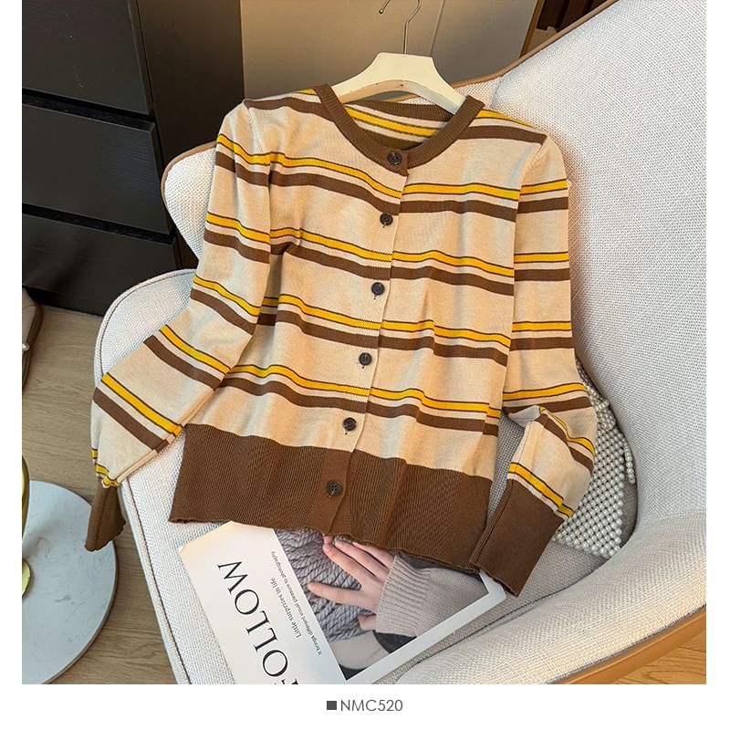 Long Sleeve Crew Neck Striped Cardigan