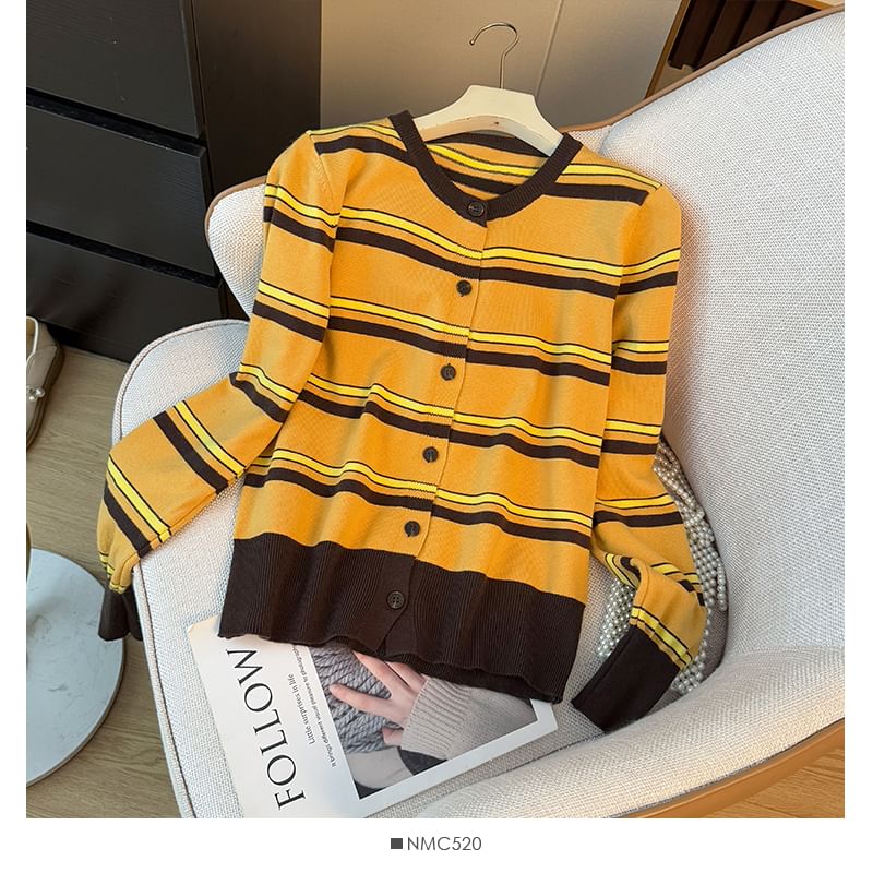 Long Sleeve Crew Neck Striped Cardigan