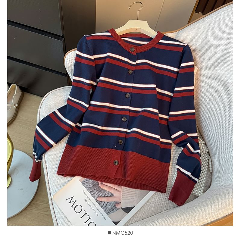 Long Sleeve Crew Neck Striped Cardigan