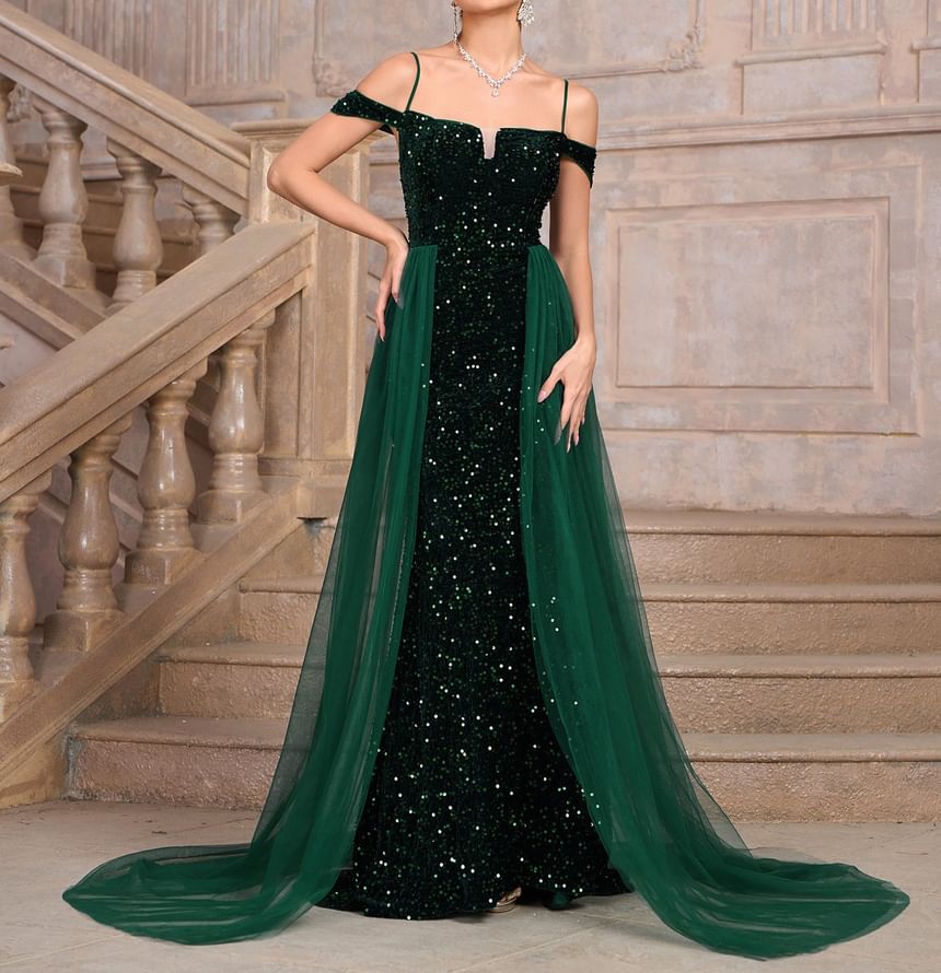 Spaghetti Strap Sequin Mesh Panel Maxi A-Line Dress
