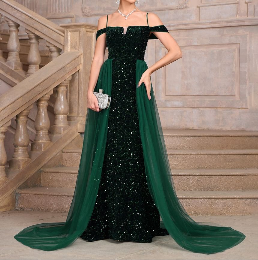 Spaghetti Strap Sequin Mesh Panel Maxi A-Line Dress