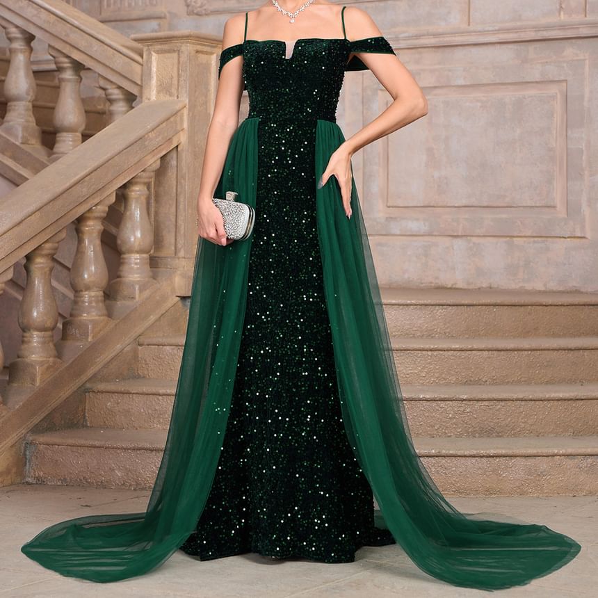 Spaghetti Strap Sequin Mesh Panel Maxi A-Line Dress