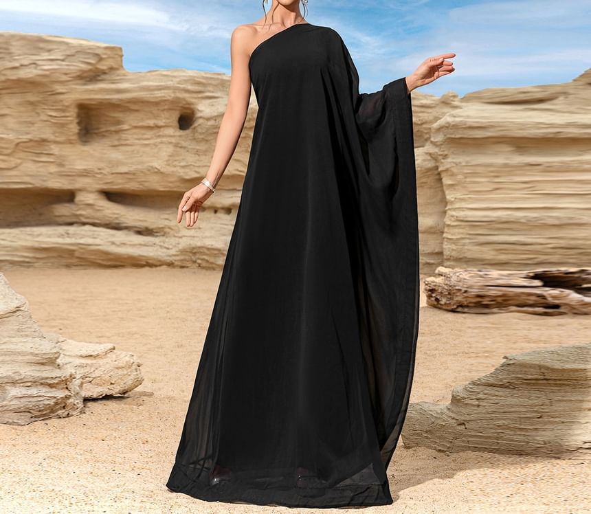 Batwing-Sleeve One-Shoulder  Plain Maxi A-Line Dress