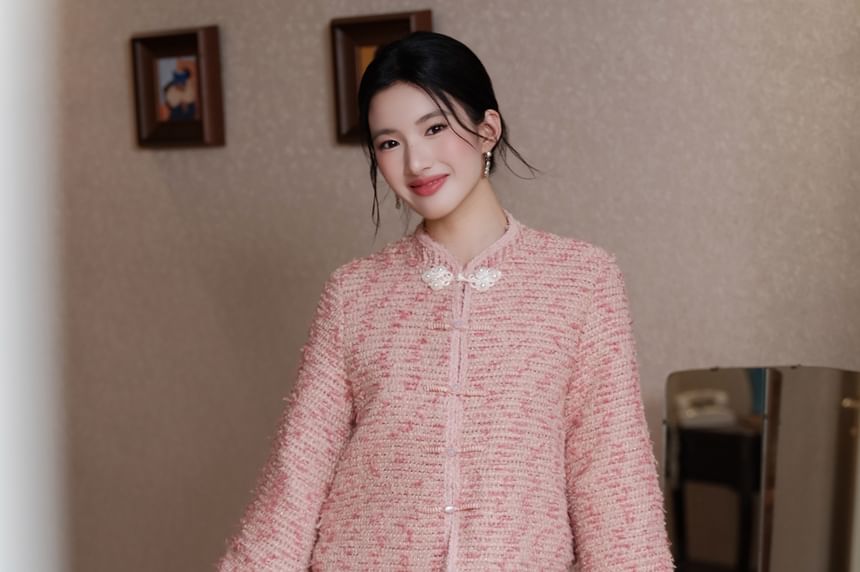 Mandarin Collar Tweed Frog Button Jacket / High Rise Slit Midi Pencil Skirt / Set