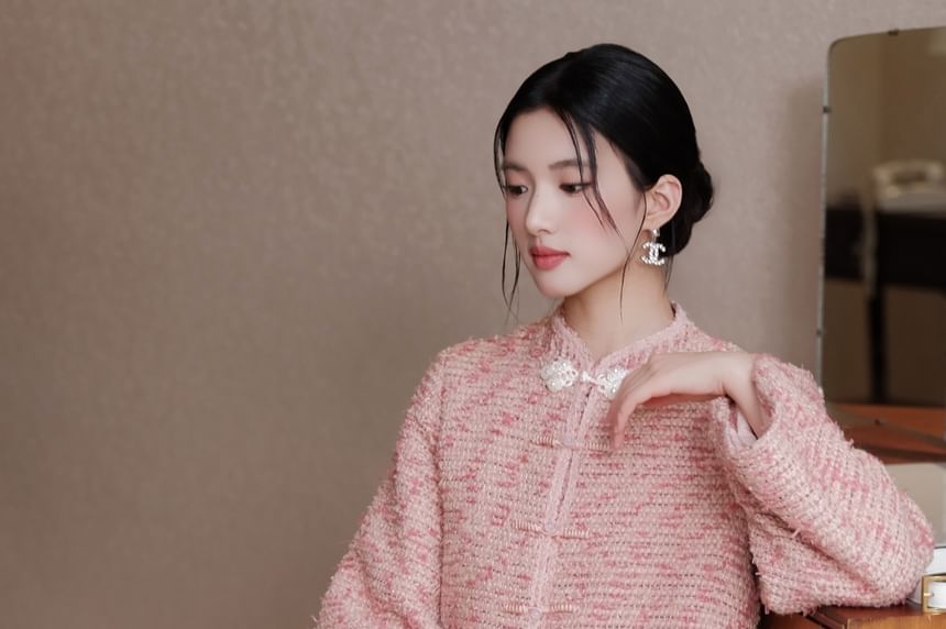 Mandarin Collar Tweed Frog Button Jacket / High Rise Slit Midi Pencil Skirt / Set