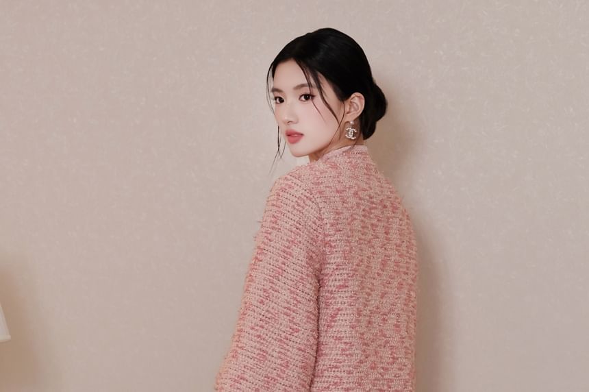 Mandarin Collar Tweed Frog Button Jacket / High Rise Slit Midi Pencil Skirt / Set