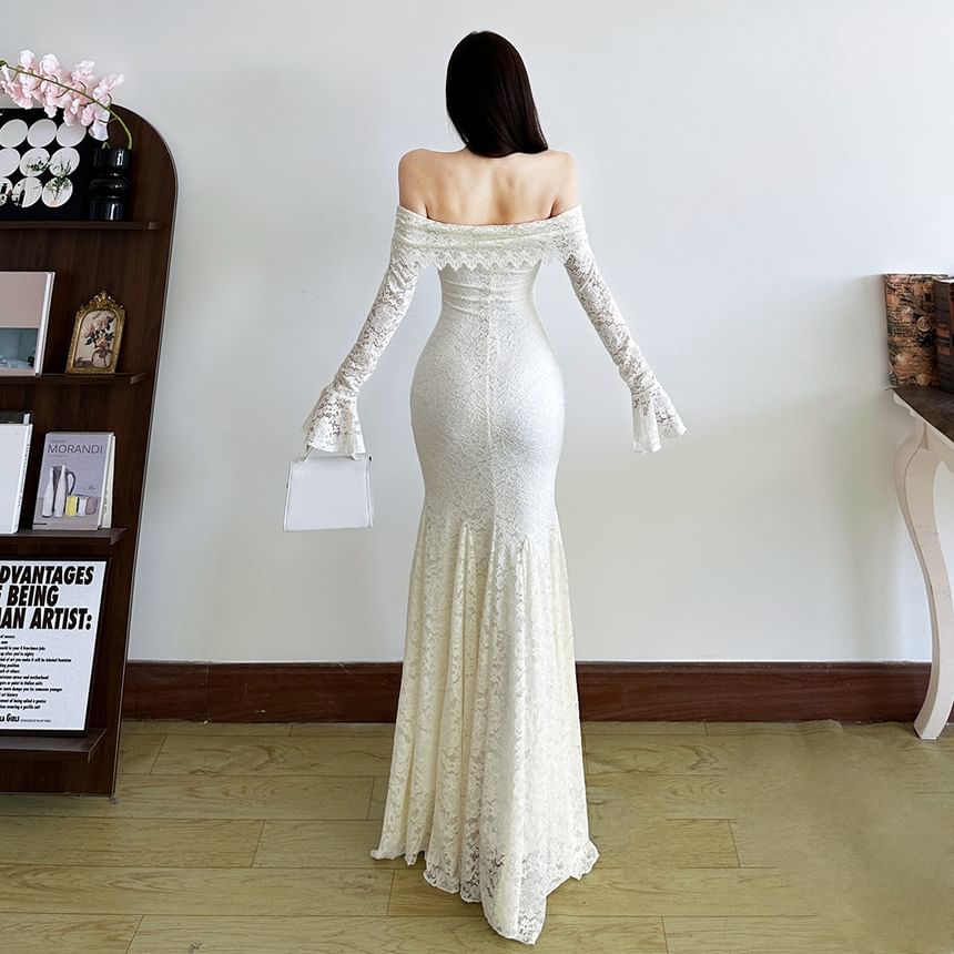 Long Sleeve Off Shoulder Plain Lace Mermaid Hem Maxi Dress