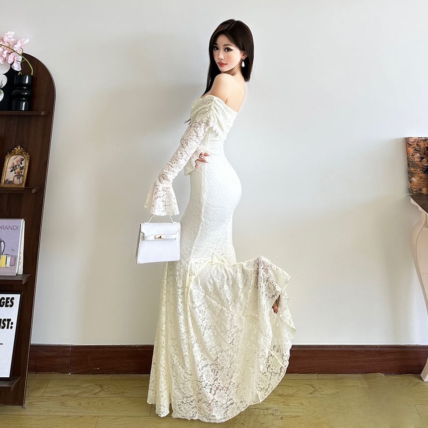 Long Sleeve Off Shoulder Plain Lace Mermaid Hem Maxi Dress