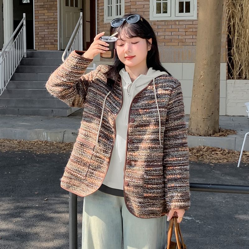 V-Neck Tweed Button Jacket / Long Sleeve Two Tone Panel Half Zip Hooded Top