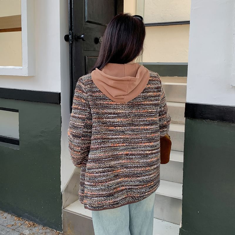 V-Neck Tweed Button Jacket / Long Sleeve Two Tone Panel Half Zip Hooded Top