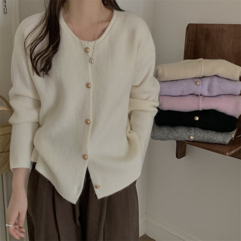 Crewneck Button-Up Plain Cardigan