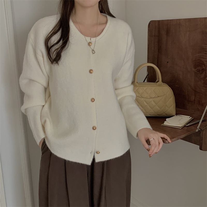 Crewneck Button-Up Plain Cardigan