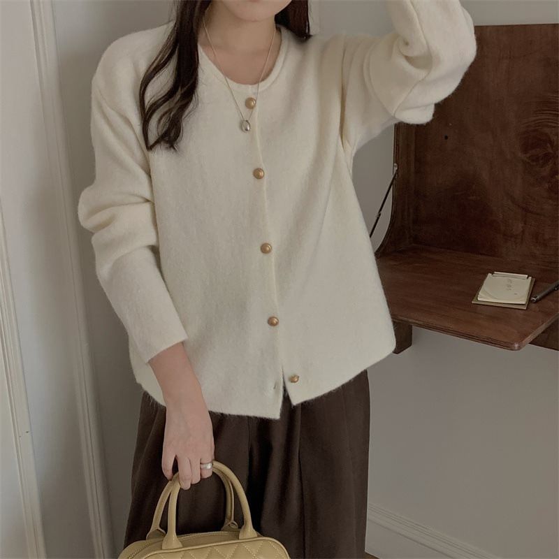 Crewneck Button-Up Plain Cardigan