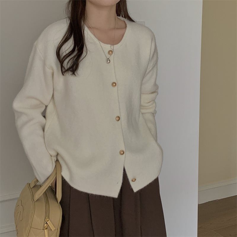 Crewneck Button-Up Plain Cardigan