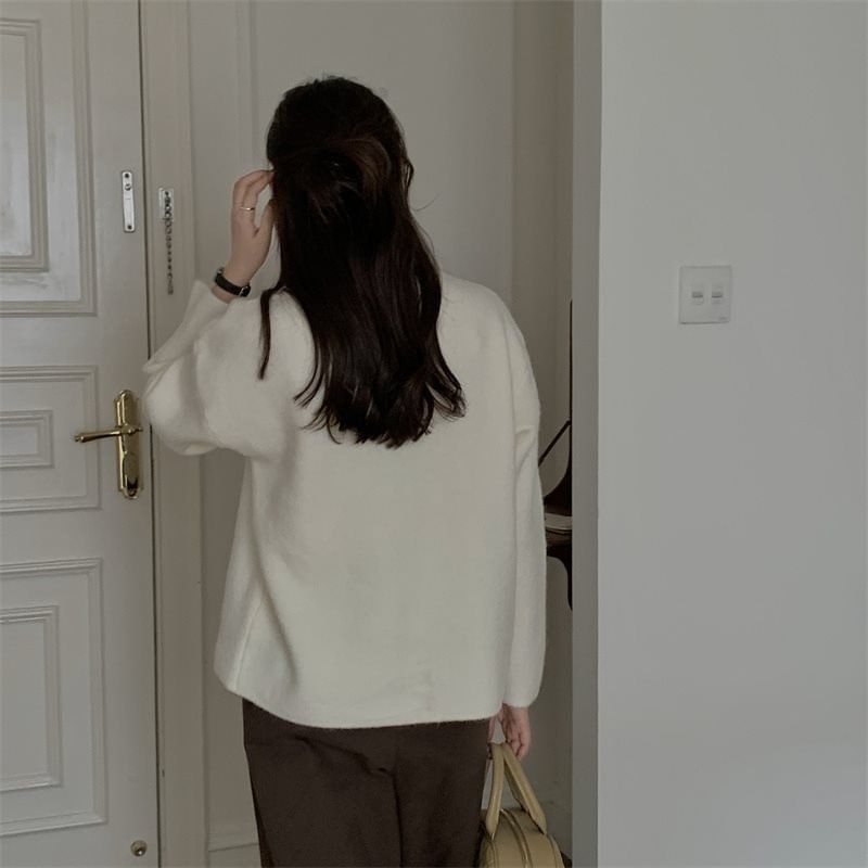 Crewneck Button-Up Plain Cardigan