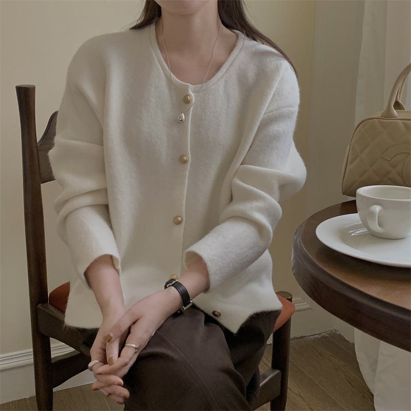 Crewneck Button-Up Plain Cardigan