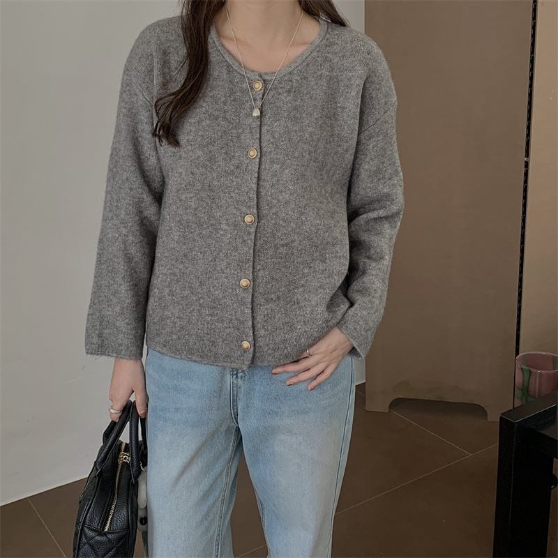 Crewneck Button-Up Plain Cardigan